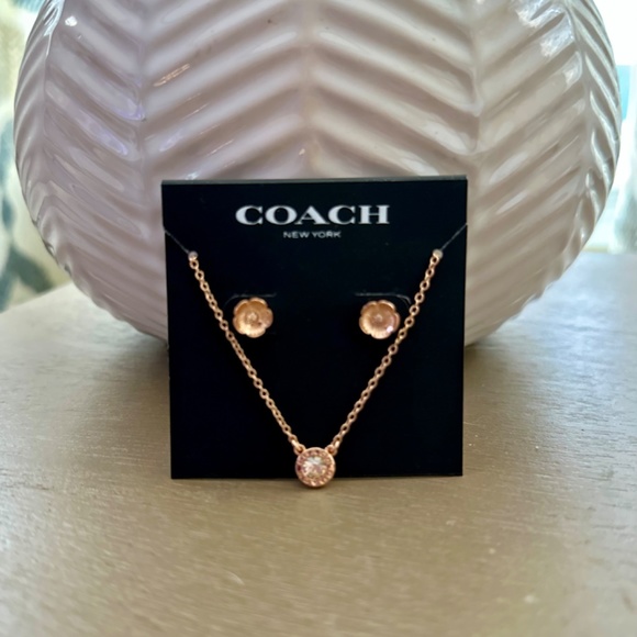 Coach Rose Gold Open Circle Necklace And Tea Rose Stud Earrings Set - Picture 2 of 4